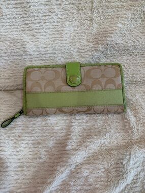 Coach Beige Signature Canvas Wallet with Lime Green Trim